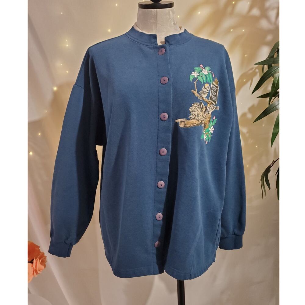 Vtg Morning Sun Bird Button Sweatshirt Womens Size L Granny Blue Pockets Cabin